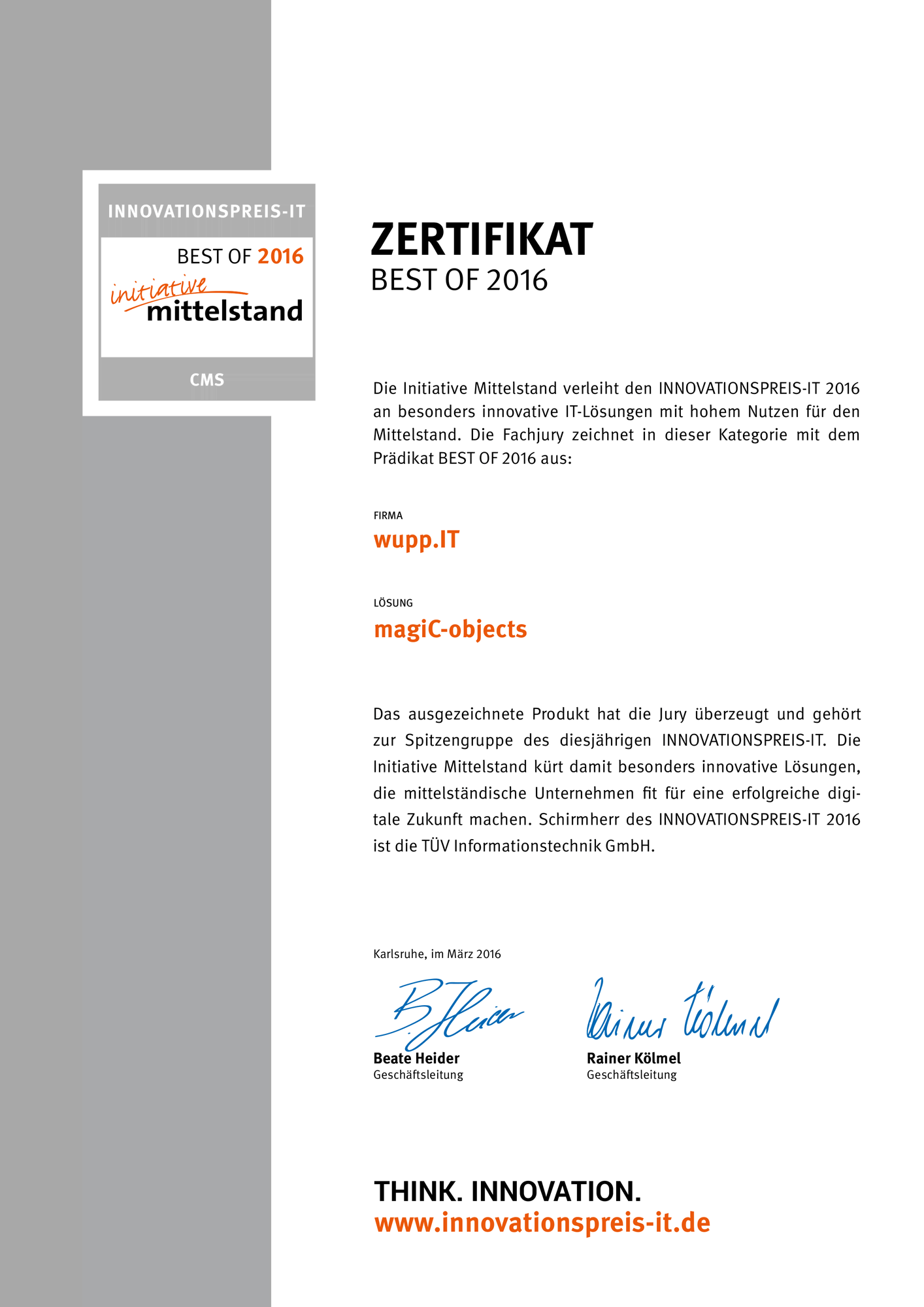 Zertifikat vom Innovationspreis-IT 2016 für unser Produkt magiC-objects